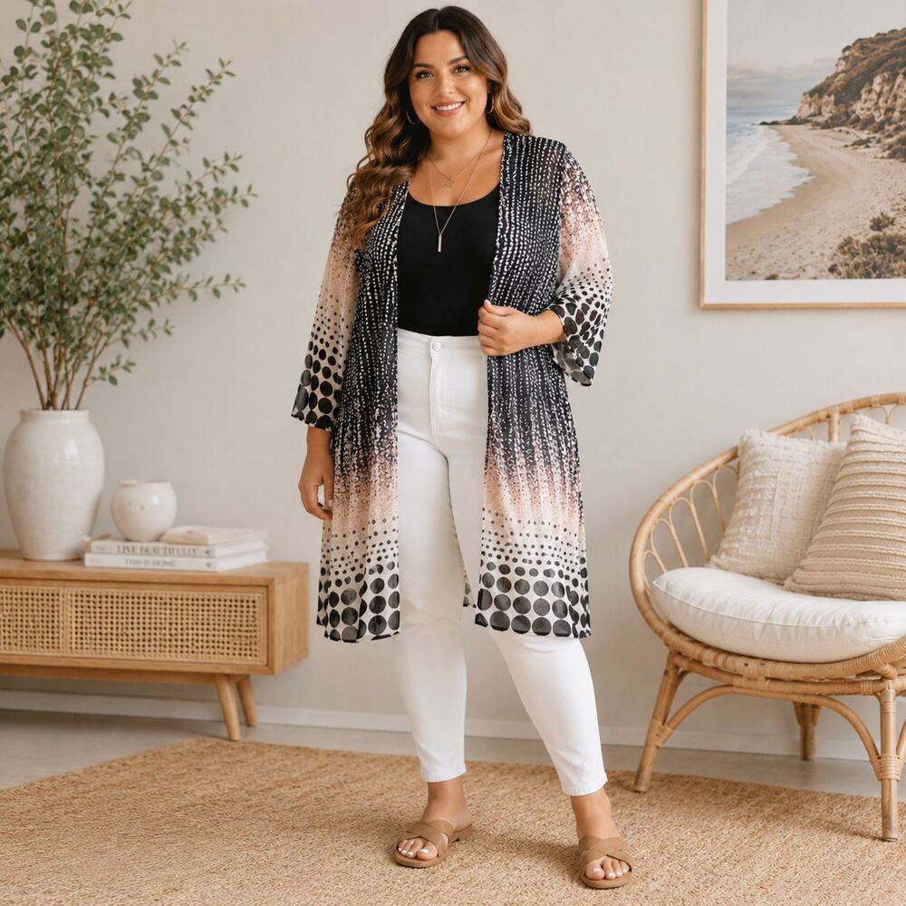 Torrid Sheer Duster Kimono Size 1 1X Black Polka Dot Open Front Boho - Picture 2 of 10